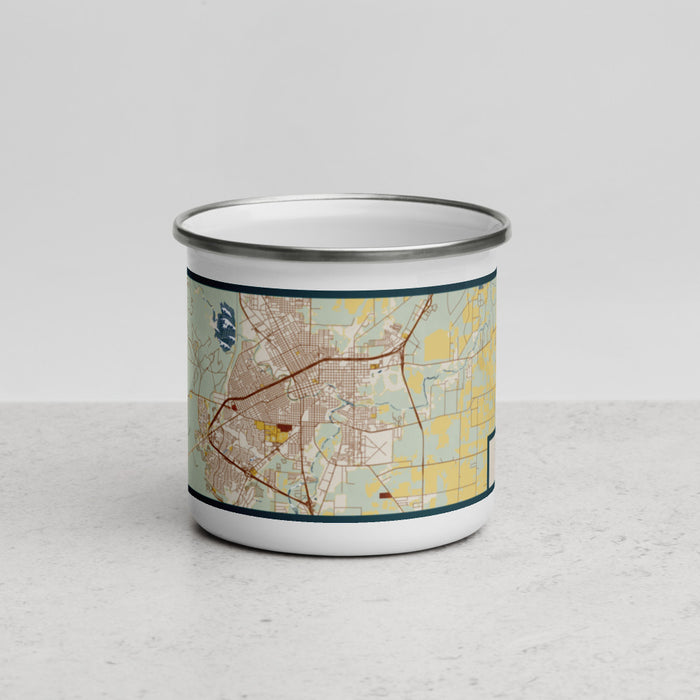 Front View Custom San Angelo Texas Map Enamel Mug in Woodblock