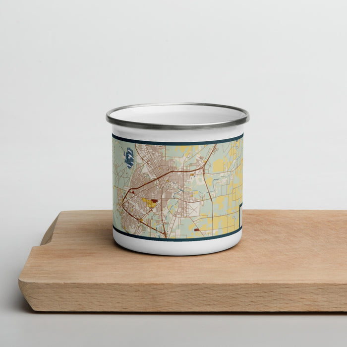 Front View Custom San Angelo Texas Map Enamel Mug in Woodblock on Cutting Board