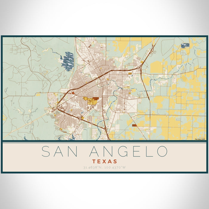 San Angelo Texas Map Print Landscape Orientation in Woodblock Style With Shaded Background