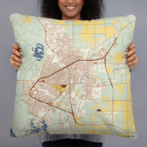 Person holding 22x22 Custom San Angelo Texas Map Throw Pillow in Woodblock