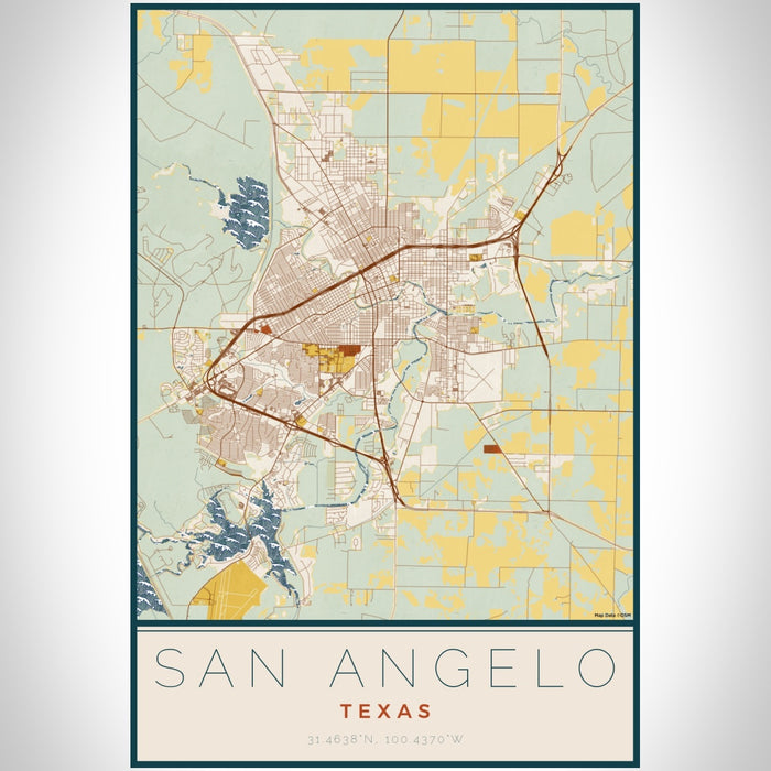 San Angelo Texas Map Print Portrait Orientation in Woodblock Style With Shaded Background