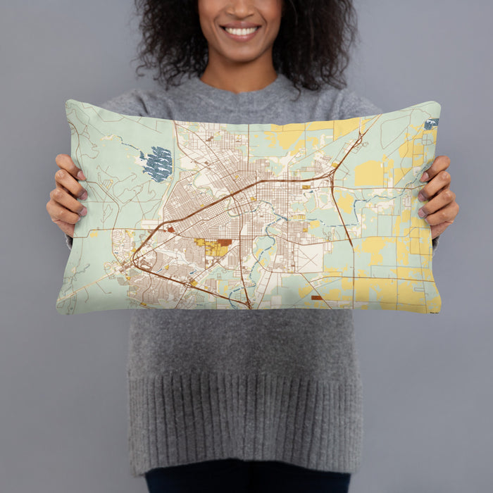 Person holding 20x12 Custom San Angelo Texas Map Throw Pillow in Woodblock