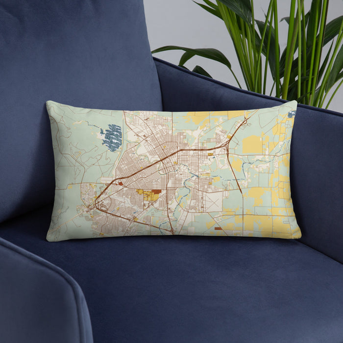 Custom San Angelo Texas Map Throw Pillow in Woodblock on Blue Colored Chair