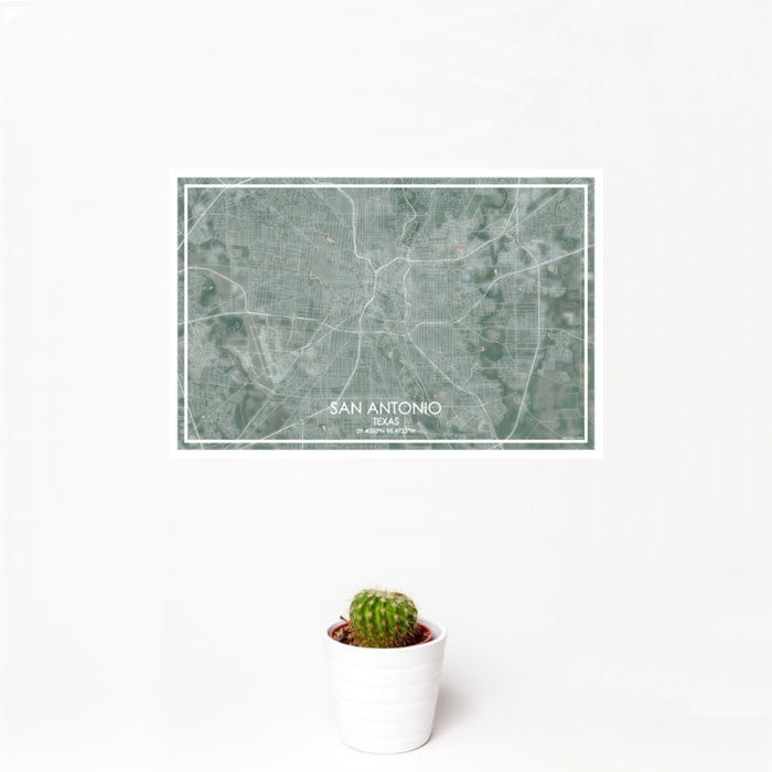 12x18 San Antonio Texas Map Print Landscape Orientation in Afternoon Style With Small Cactus Plant in White Planter
