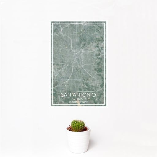 12x18 San Antonio Texas Map Print Portrait Orientation in Afternoon Style With Small Cactus Plant in White Planter