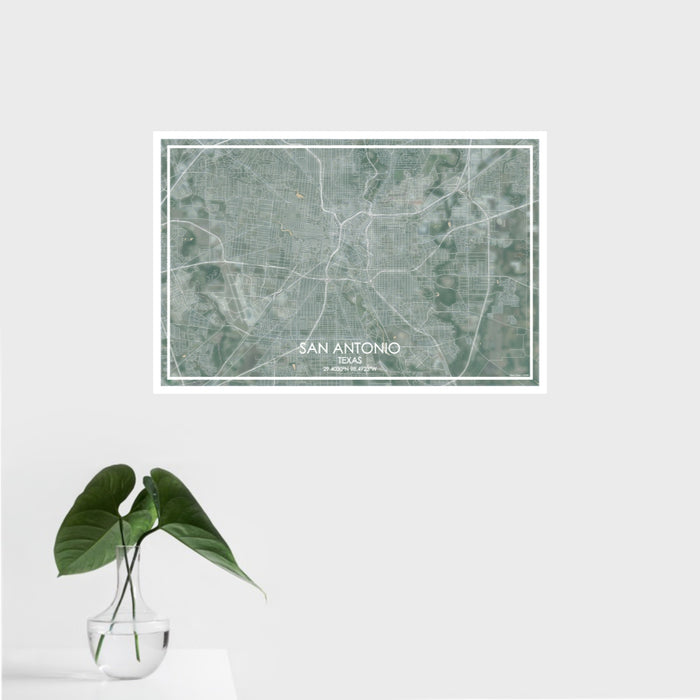 16x24 San Antonio Texas Map Print Landscape Orientation in Afternoon Style With Tropical Plant Leaves in Water