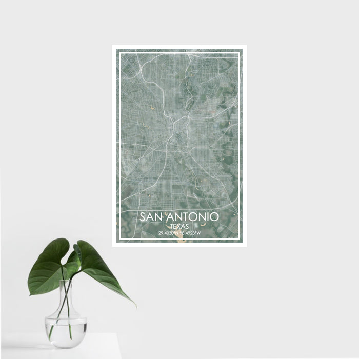 16x24 San Antonio Texas Map Print Portrait Orientation in Afternoon Style With Tropical Plant Leaves in Water