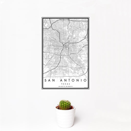 12x18 San Antonio Texas Map Print Portrait Orientation in Classic Style With Small Cactus Plant in White Planter