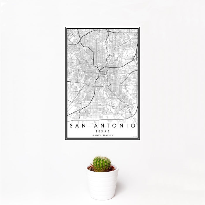 12x18 San Antonio Texas Map Print Portrait Orientation in Classic Style With Small Cactus Plant in White Planter
