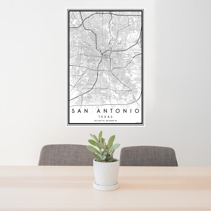 24x36 San Antonio Texas Map Print Portrait Orientation in Classic Style Behind 2 Chairs Table and Potted Plant