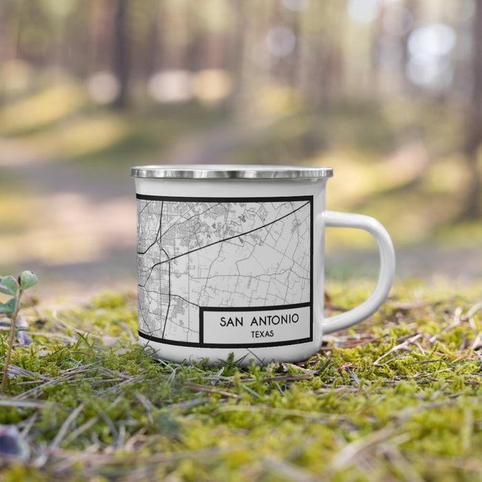 Right View Custom San Antonio Texas Map Enamel Mug in Classic on Grass With Trees in Background