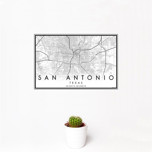 12x18 San Antonio Texas Map Print Landscape Orientation in Classic Style With Small Cactus Plant in White Planter