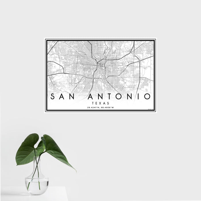 16x24 San Antonio Texas Map Print Landscape Orientation in Classic Style With Tropical Plant Leaves in Water