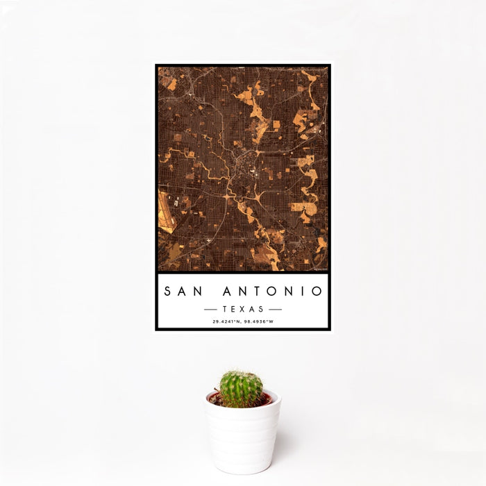 12x18 San Antonio Texas Map Print Portrait Orientation in Ember Style With Small Cactus Plant in White Planter