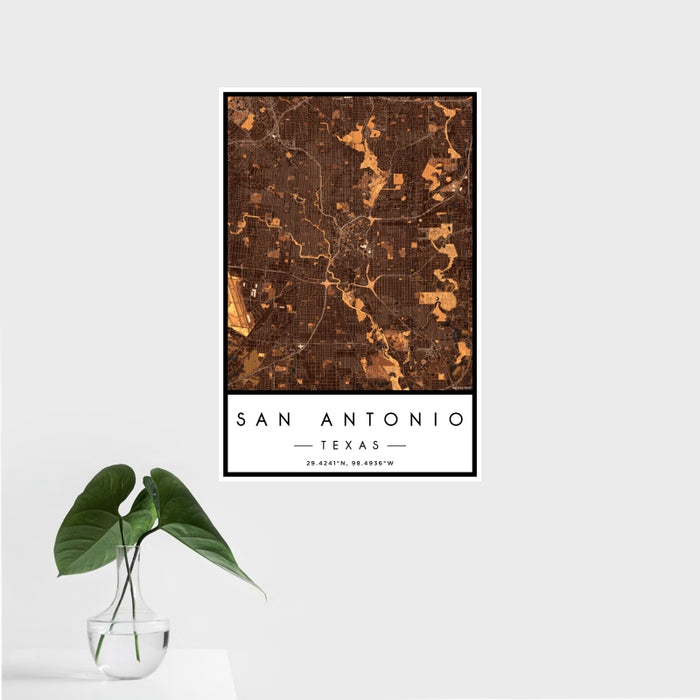 16x24 San Antonio Texas Map Print Portrait Orientation in Ember Style With Tropical Plant Leaves in Water
