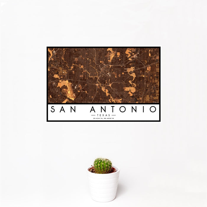 12x18 San Antonio Texas Map Print Landscape Orientation in Ember Style With Small Cactus Plant in White Planter