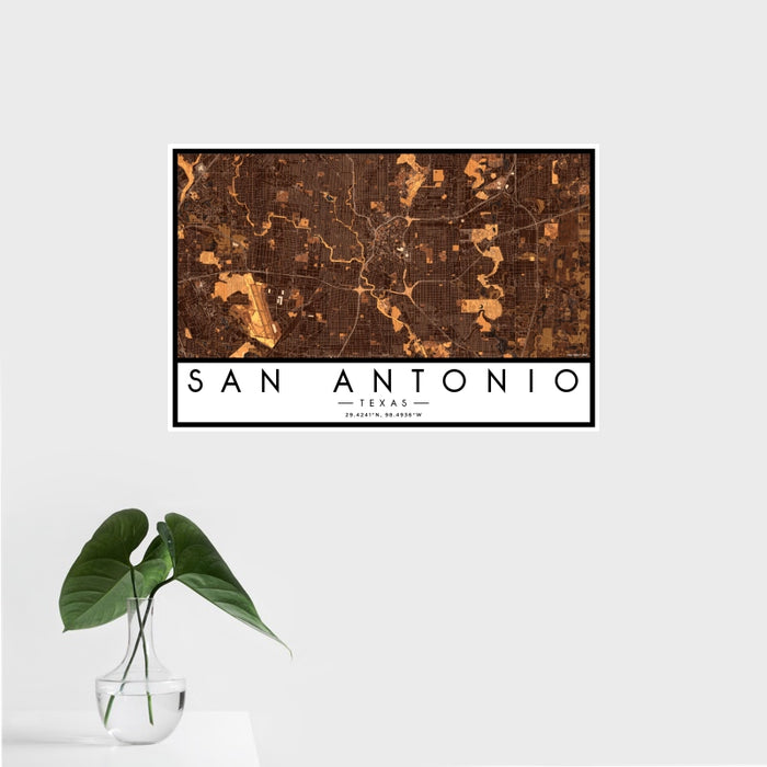 16x24 San Antonio Texas Map Print Landscape Orientation in Ember Style With Tropical Plant Leaves in Water