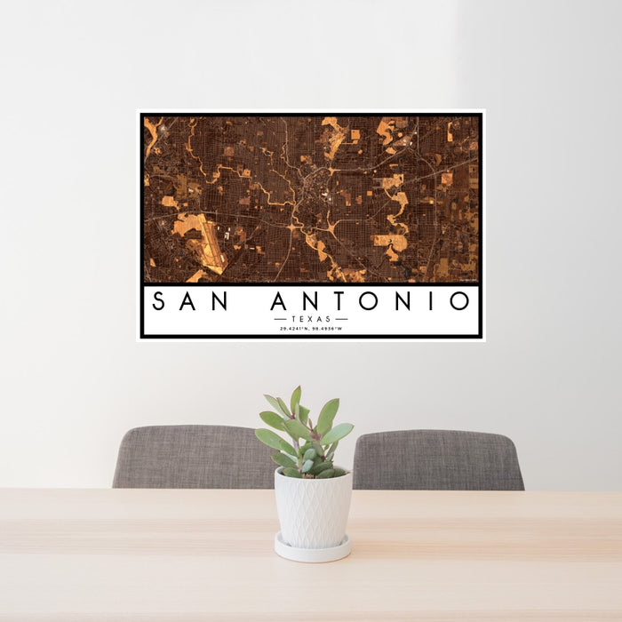 24x36 San Antonio Texas Map Print Landscape Orientation in Ember Style Behind 2 Chairs Table and Potted Plant