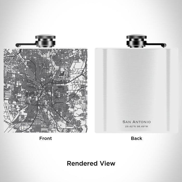 Rendered View of San Antonio Texas Map Engraving on 6oz Stainless Steel Flask in White