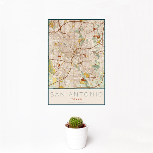 12x18 San Antonio Texas Map Print Portrait Orientation in Woodblock Style With Small Cactus Plant in White Planter