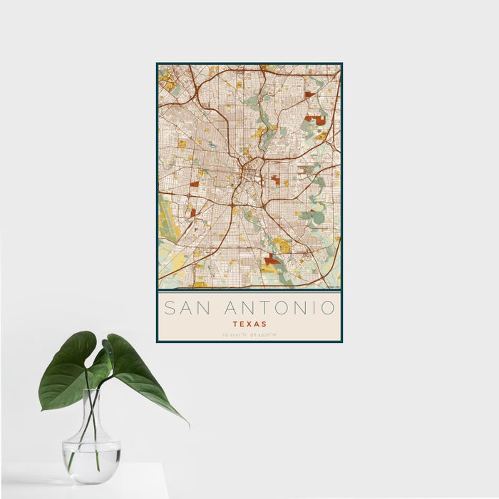 16x24 San Antonio Texas Map Print Portrait Orientation in Woodblock Style With Tropical Plant Leaves in Water