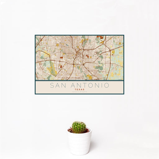 12x18 San Antonio Texas Map Print Landscape Orientation in Woodblock Style With Small Cactus Plant in White Planter