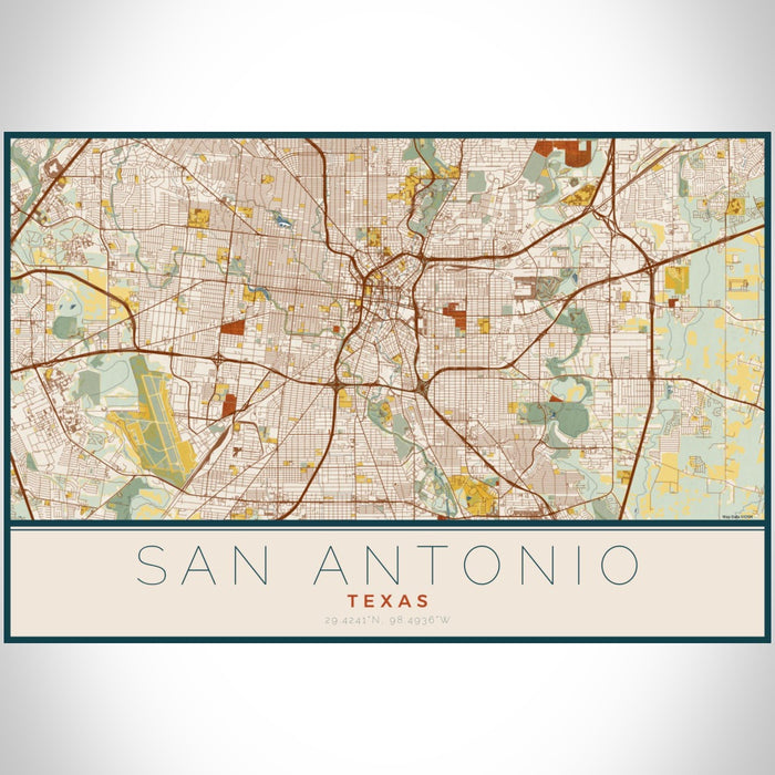 San Antonio Texas Map Print Landscape Orientation in Woodblock Style With Shaded Background
