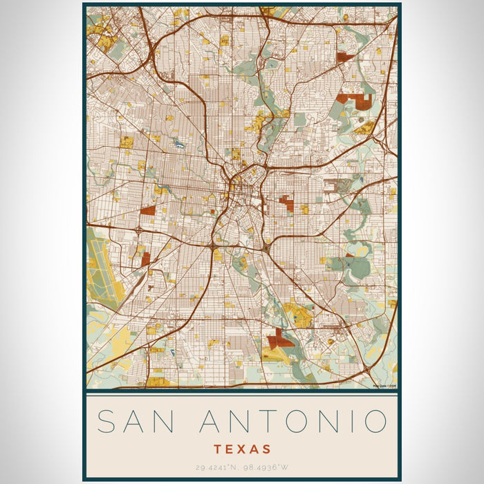 San Antonio Texas Map Print Portrait Orientation in Woodblock Style With Shaded Background