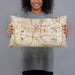 Person holding 20x12 Custom San Antonio Texas Map Throw Pillow in Woodblock