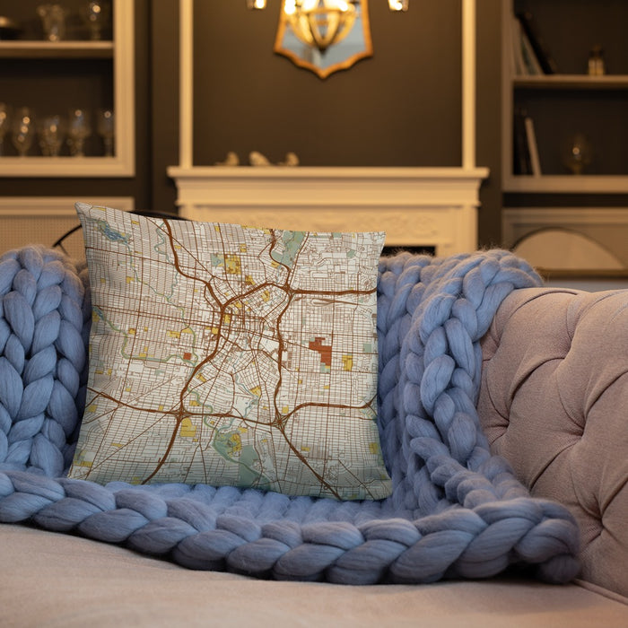 Custom San Antonio Texas Map Throw Pillow in Woodblock on Cream Colored Couch