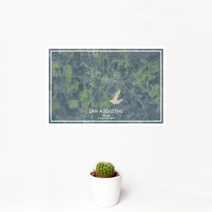 12x18 San Augustine Texas Map Print Landscape Orientation in Afternoon Style With Small Cactus Plant in White Planter