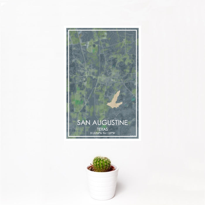 12x18 San Augustine Texas Map Print Portrait Orientation in Afternoon Style With Small Cactus Plant in White Planter