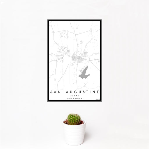 12x18 San Augustine Texas Map Print Portrait Orientation in Classic Style With Small Cactus Plant in White Planter