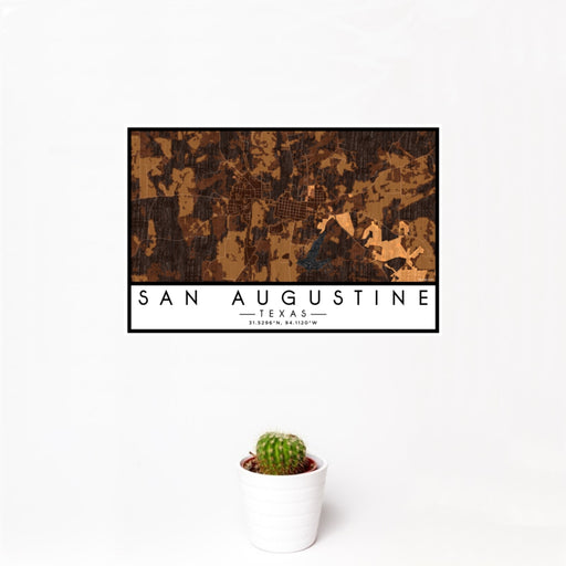 12x18 San Augustine Texas Map Print Landscape Orientation in Ember Style With Small Cactus Plant in White Planter