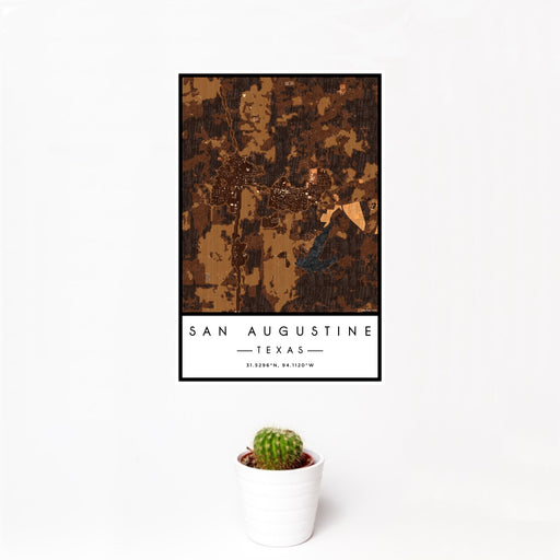 12x18 San Augustine Texas Map Print Portrait Orientation in Ember Style With Small Cactus Plant in White Planter