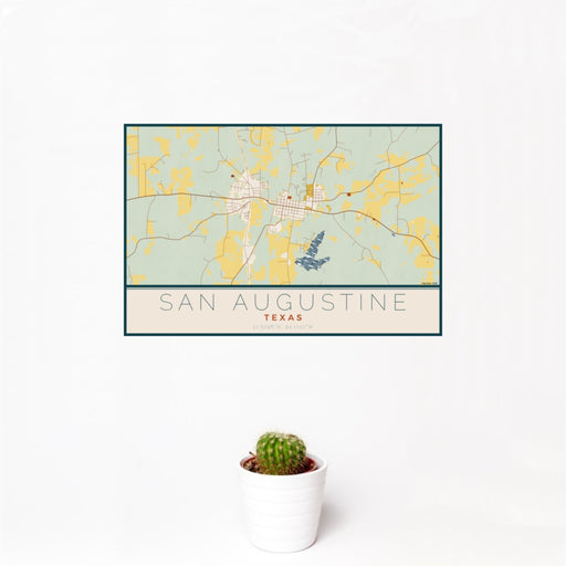 12x18 San Augustine Texas Map Print Landscape Orientation in Woodblock Style With Small Cactus Plant in White Planter