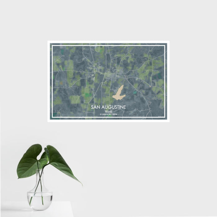 16x24 San Augustine Texas Map Print Landscape Orientation in Afternoon Style With Tropical Plant Leaves in Water