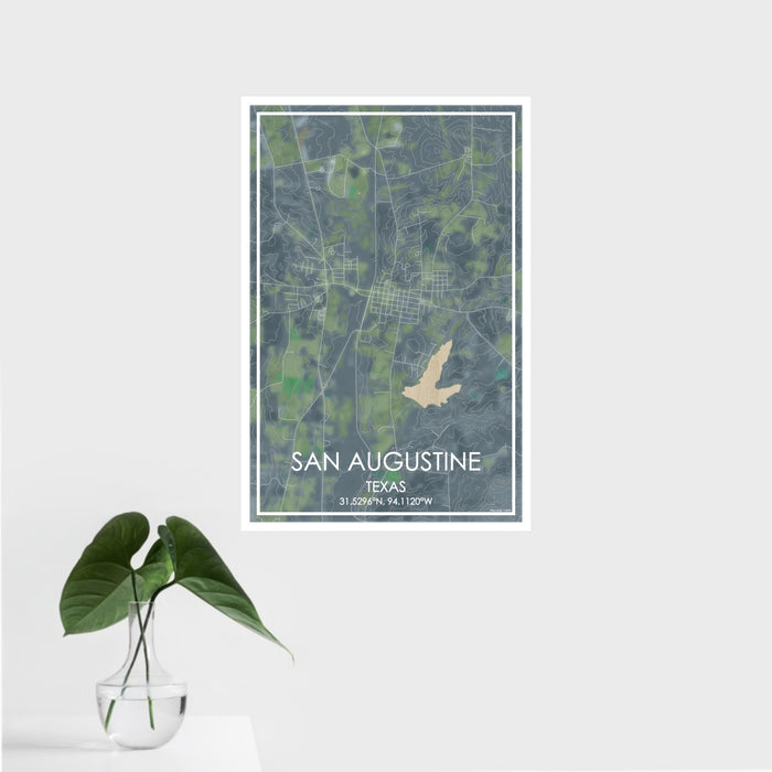 16x24 San Augustine Texas Map Print Portrait Orientation in Afternoon Style With Tropical Plant Leaves in Water