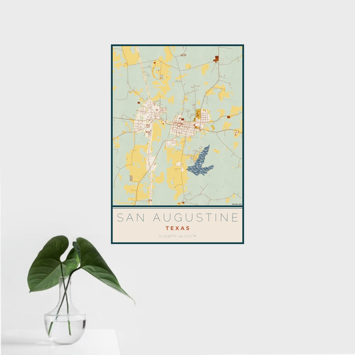 16x24 San Augustine Texas Map Print Portrait Orientation in Woodblock Style With Tropical Plant Leaves in Water