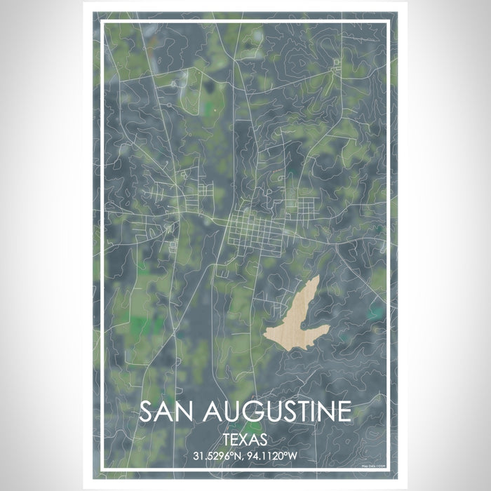 San Augustine Texas Map Print Portrait Orientation in Afternoon Style With Shaded Background