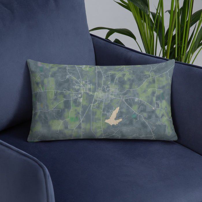 Custom San Augustine Texas Map Throw Pillow in Afternoon on Blue Colored Chair