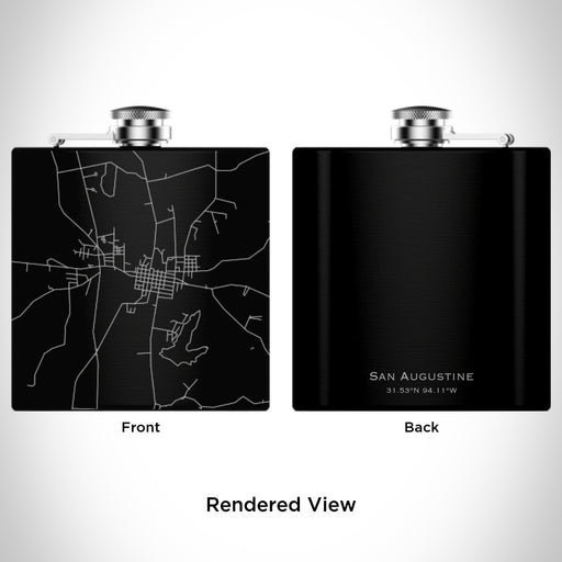 Rendered View of San Augustine Texas Map Engraving on 6oz Stainless Steel Flask in Black