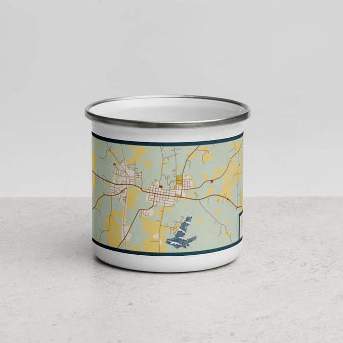 Front View Custom San Augustine Texas Map Enamel Mug in Woodblock