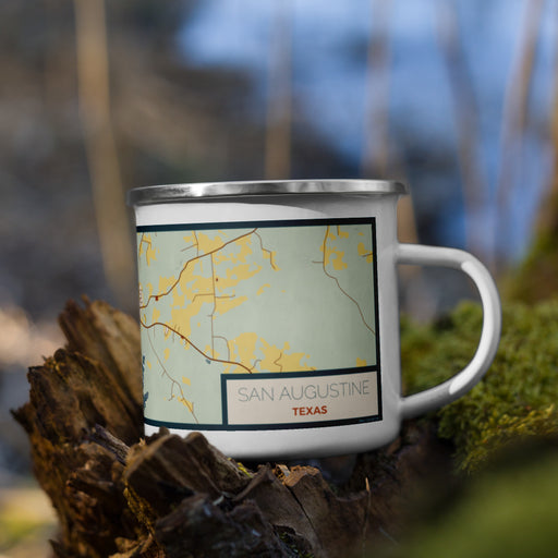 Right View Custom San Augustine Texas Map Enamel Mug in Woodblock on Grass With Trees in Background