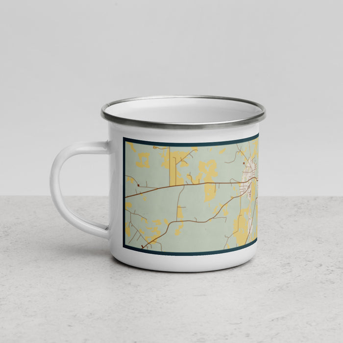 Left View Custom San Augustine Texas Map Enamel Mug in Woodblock