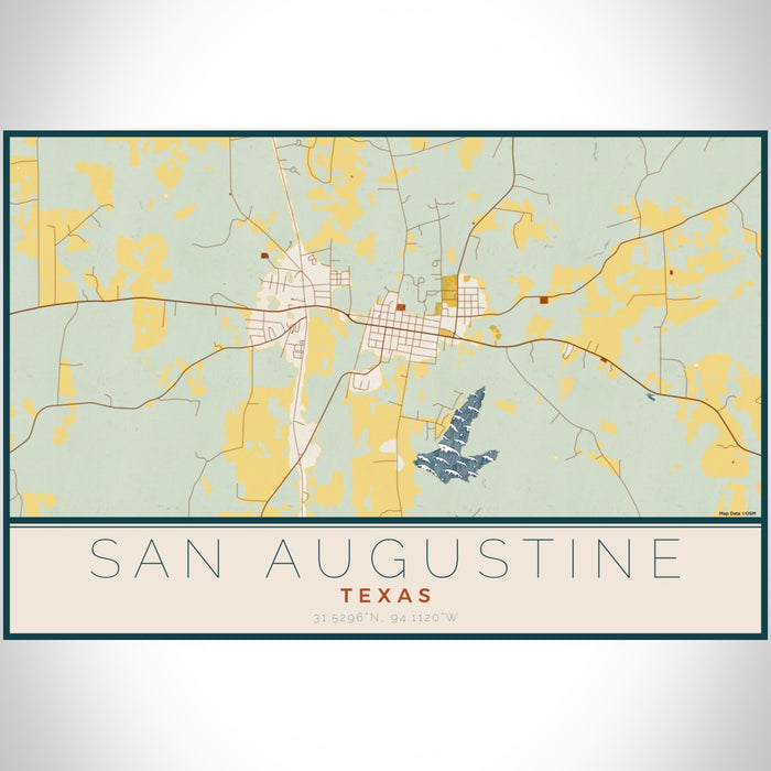 San Augustine Texas Map Print Landscape Orientation in Woodblock Style With Shaded Background