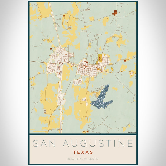 San Augustine Texas Map Print Portrait Orientation in Woodblock Style With Shaded Background