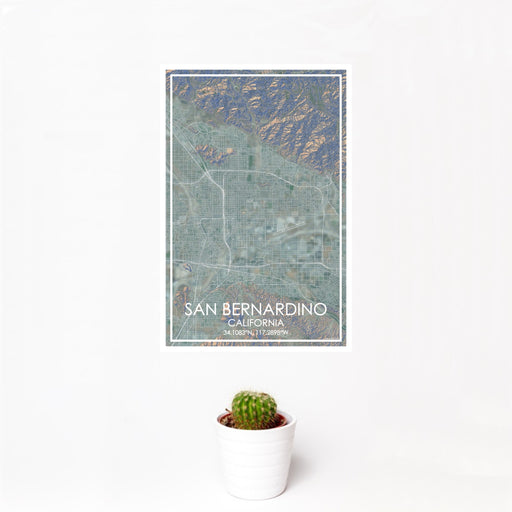 12x18 San Bernardino California Map Print Portrait Orientation in Afternoon Style With Small Cactus Plant in White Planter