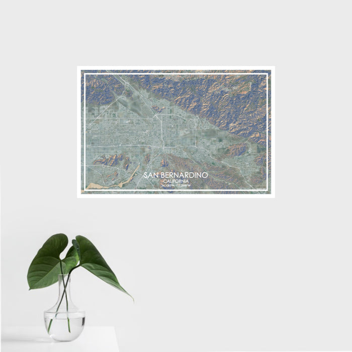 16x24 San Bernardino California Map Print Landscape Orientation in Afternoon Style With Tropical Plant Leaves in Water