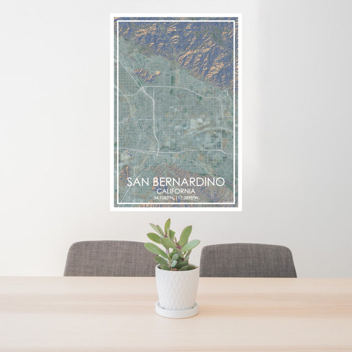 24x36 San Bernardino California Map Print Portrait Orientation in Afternoon Style Behind 2 Chairs Table and Potted Plant